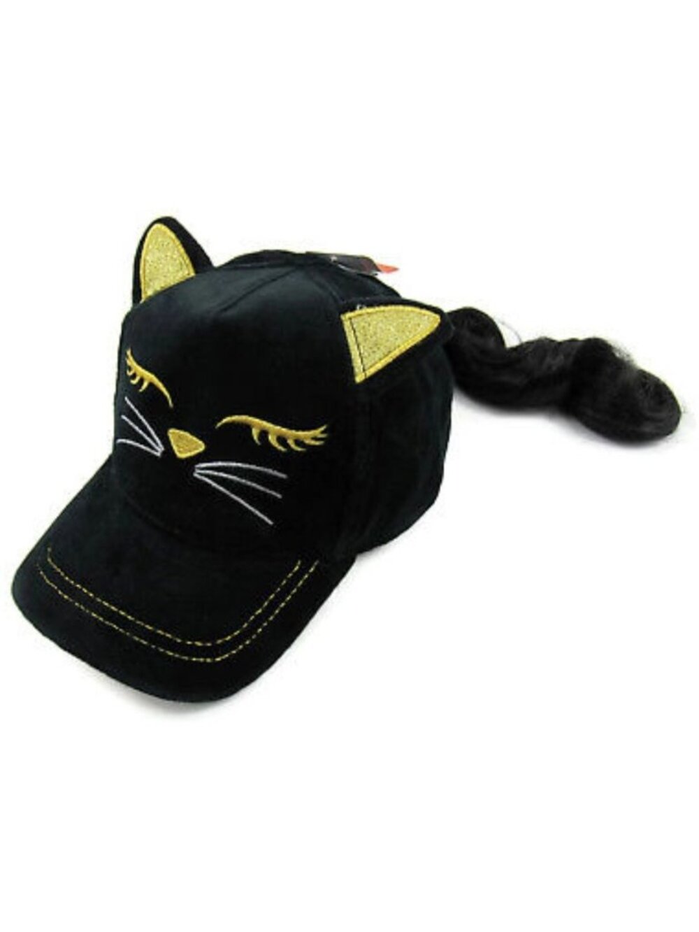 Black Cat Ear Hat Ponytail Extension Gold Embroidery Halloween Costume Accessory